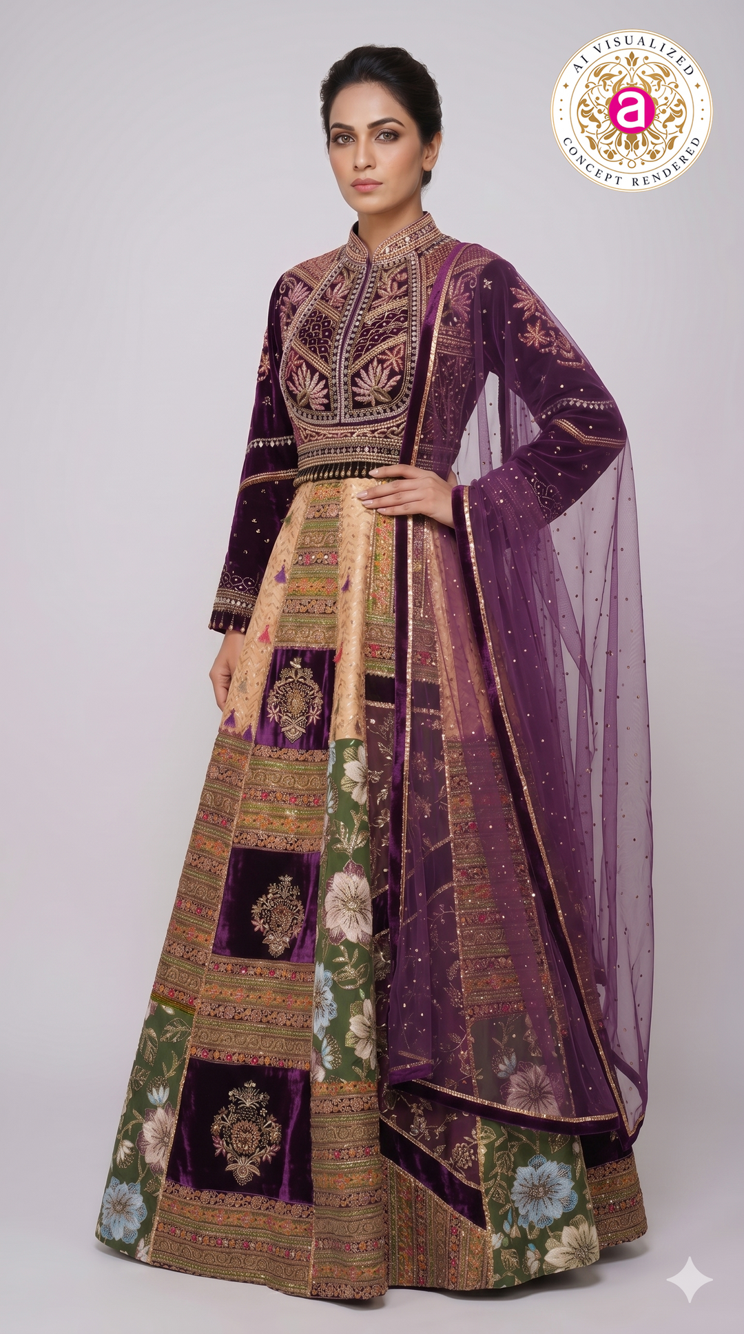 Royal Purple Velvet & Floral Panel Designer Lehenga Set with Embroidered Dupatta