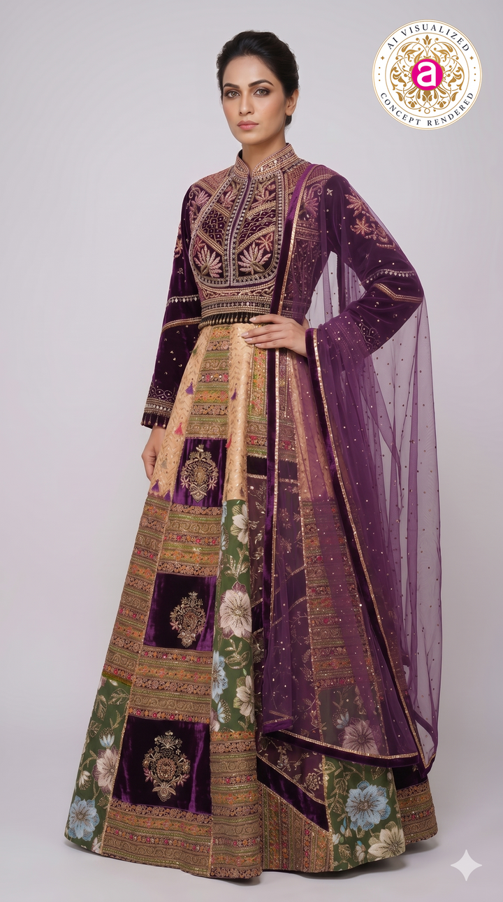 Royal Purple Velvet & Floral Panel Designer Lehenga Set with Embroidered Dupatta