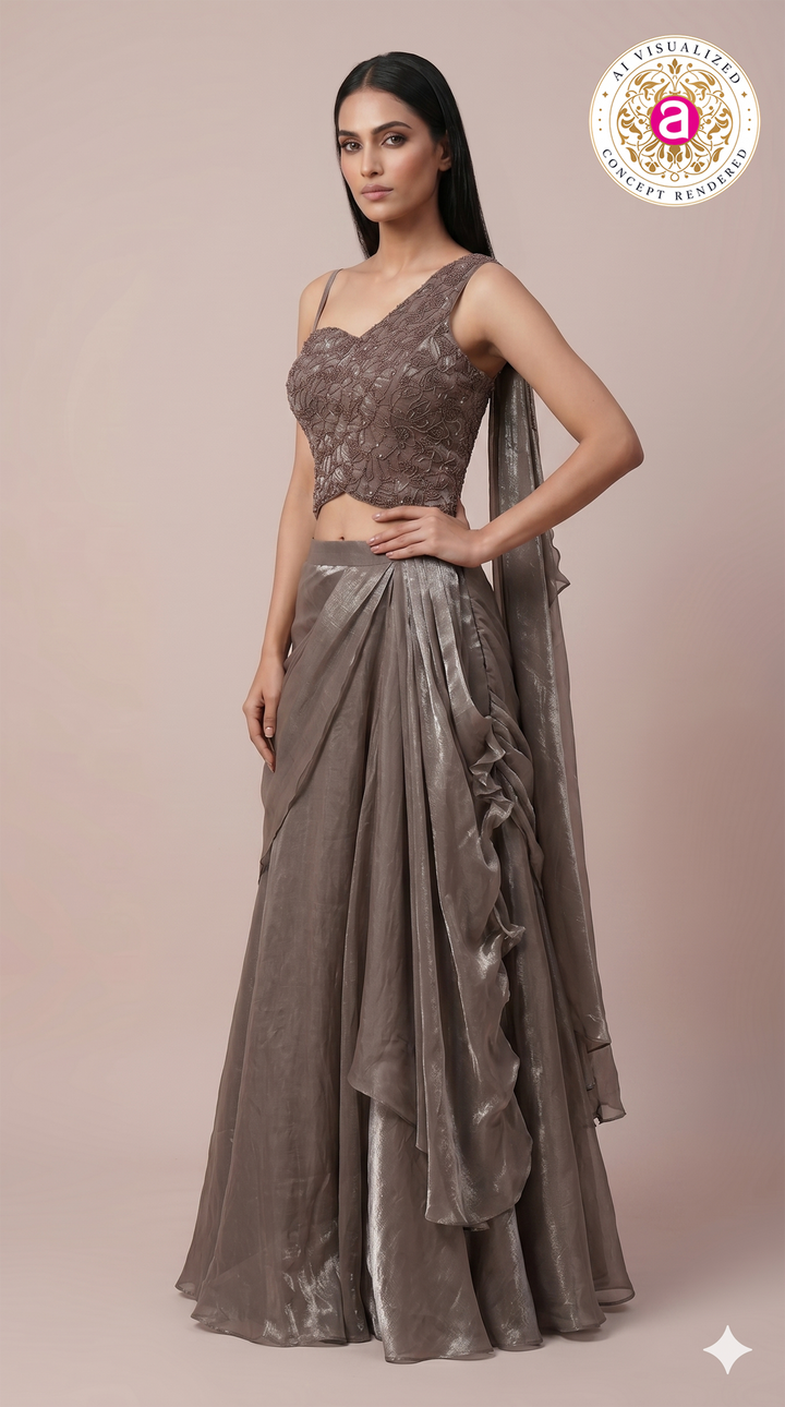 Metallic Taupe Embellished Drape Lehenga Set
