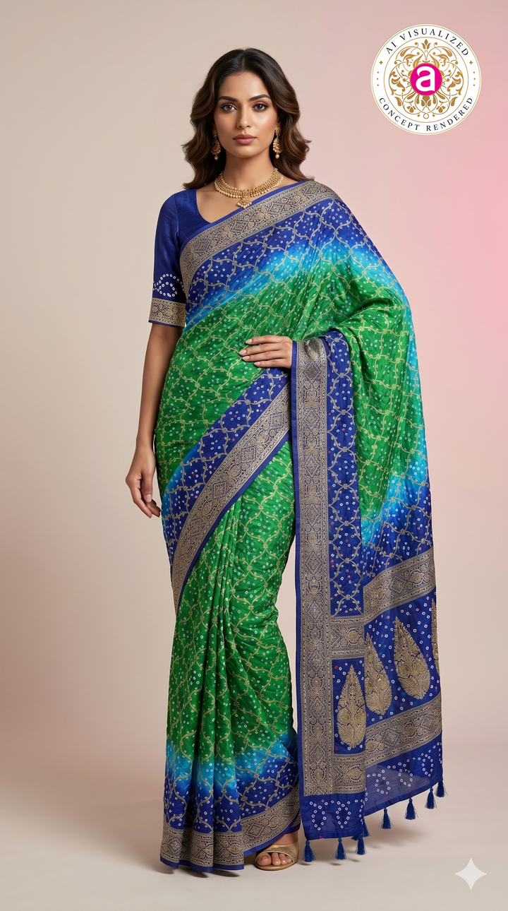 Royal Blue & Emerald Green Bandhani Silk Saree with Zari Border