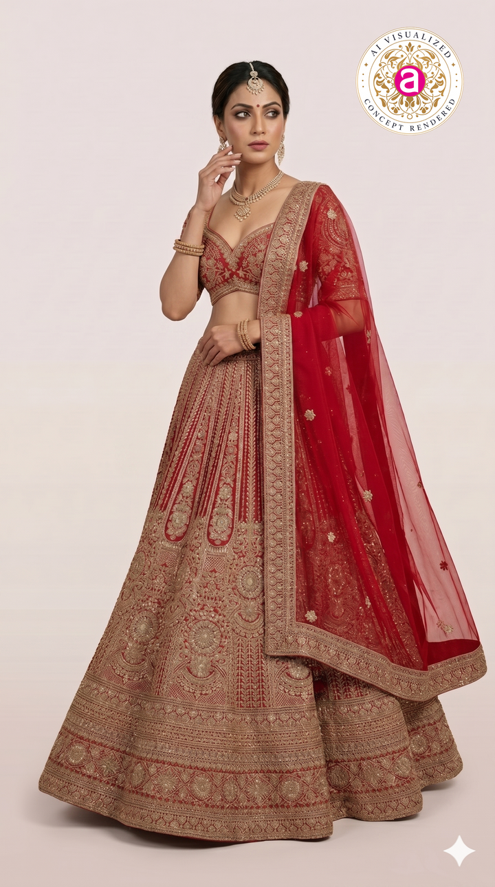 Bridal Red Zari Embroidered Lehenga Choli with Heritage Motifs & Dupatta