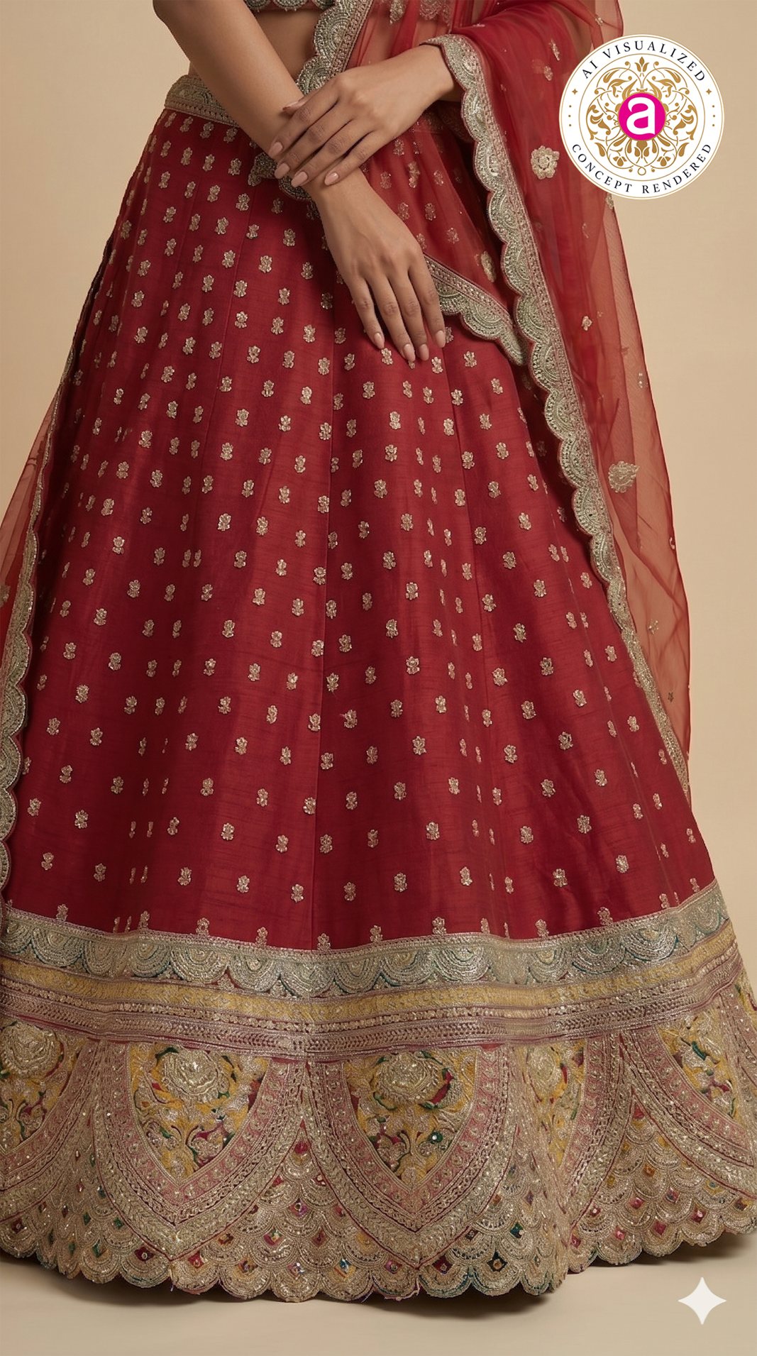 Ruby Red Bridal Lehenga Set with Heritage Embroidered Border & Designer Net Dupatta