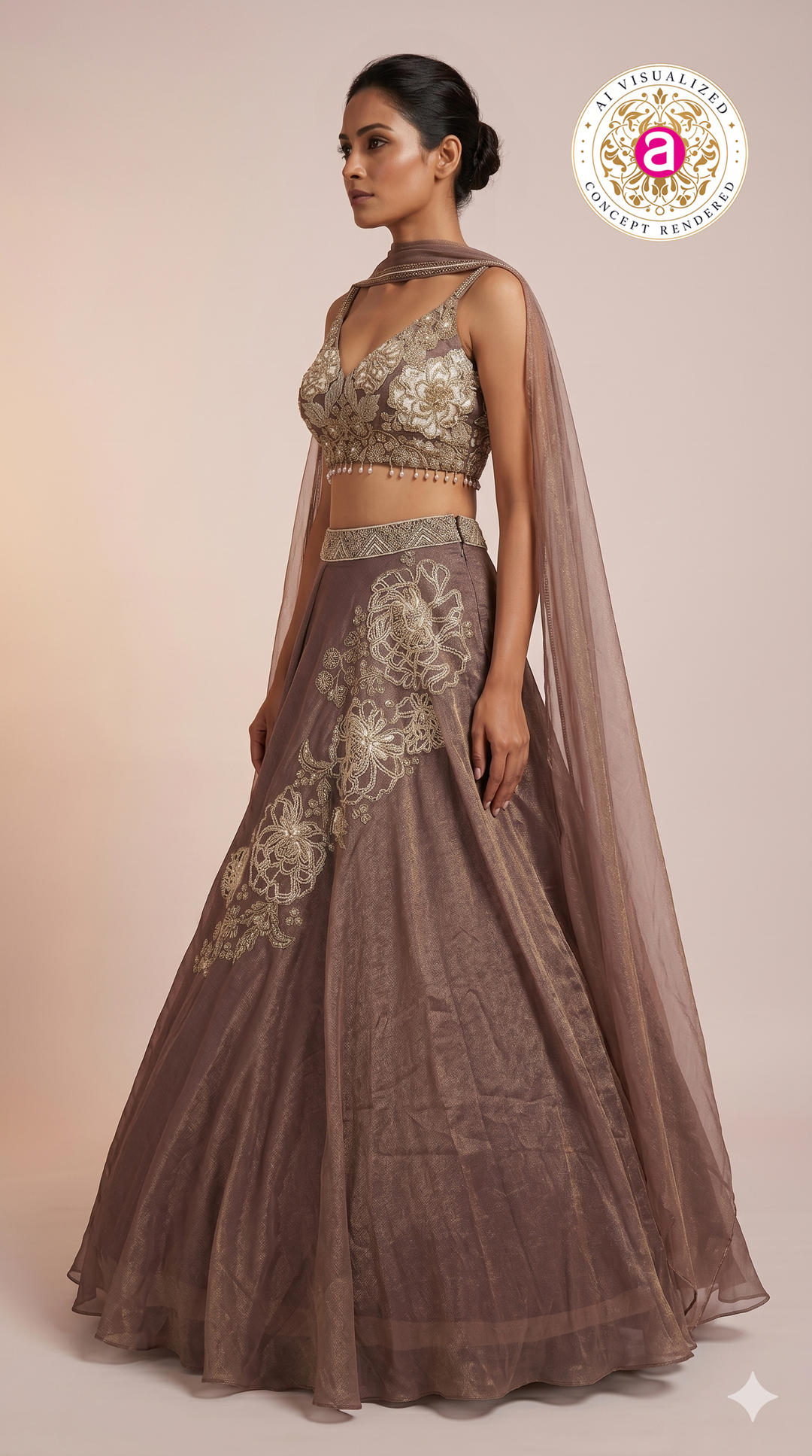 Mocha Brown Designer Lehenga Set with Floral Embroidery & Sheer Cape Dupatta