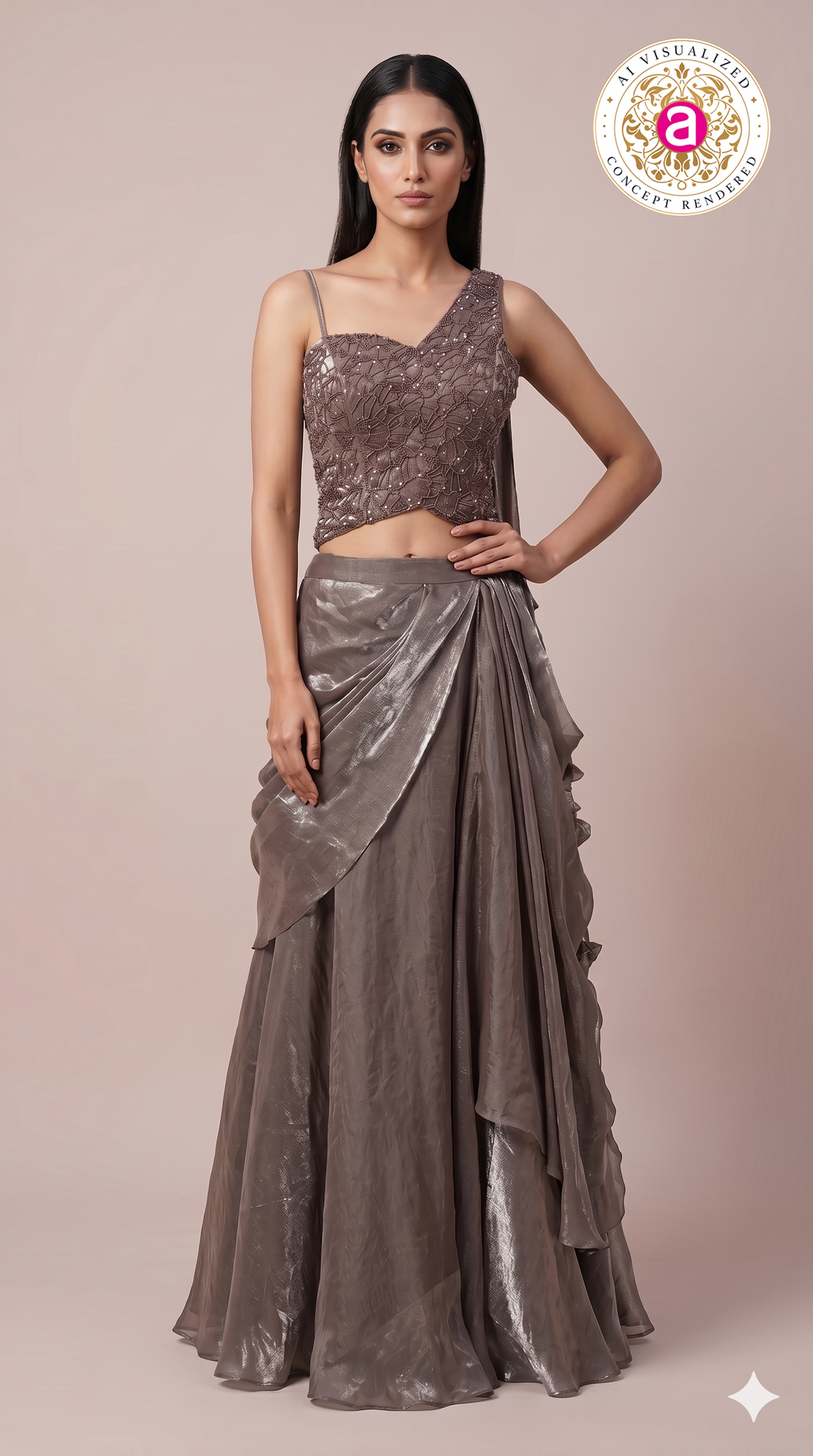 Metallic Taupe Embellished Drape Lehenga Set