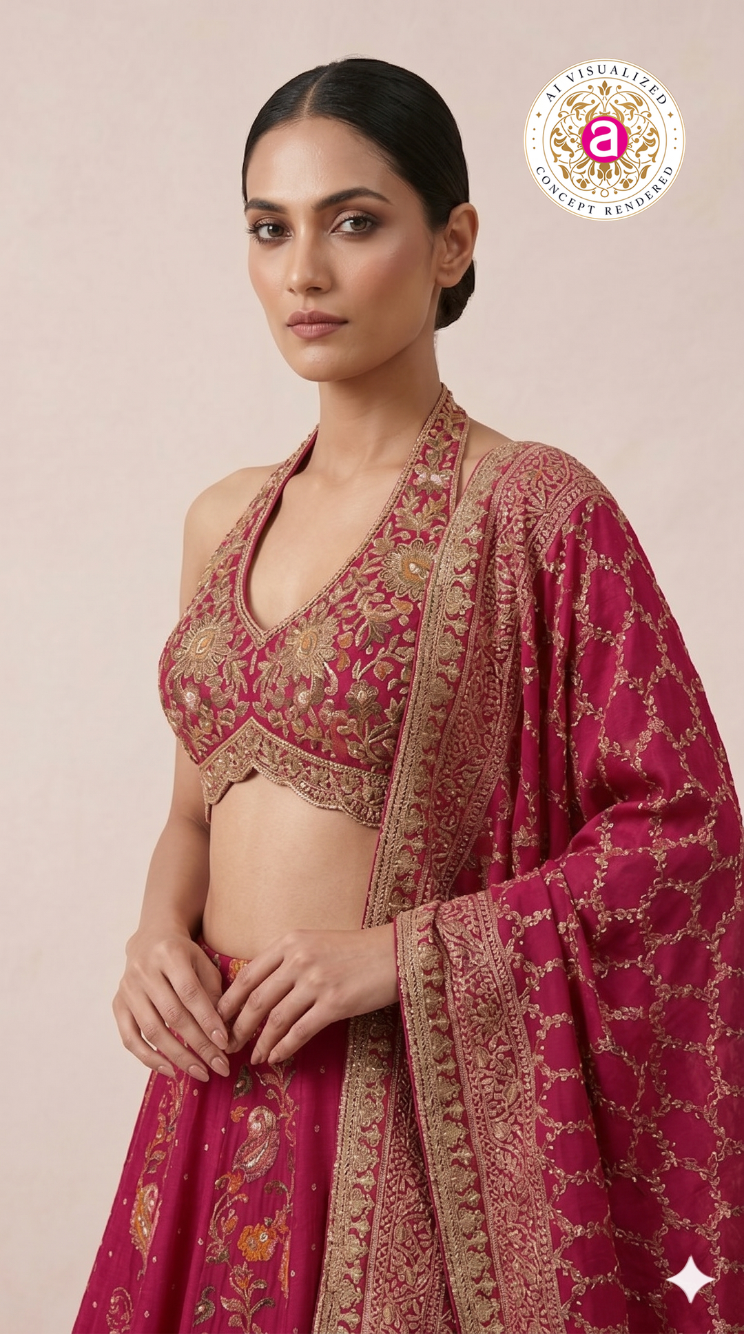 Rani Pink Embroidered Lehenga Set with Halter Neck Designer Blouse & Dupatta