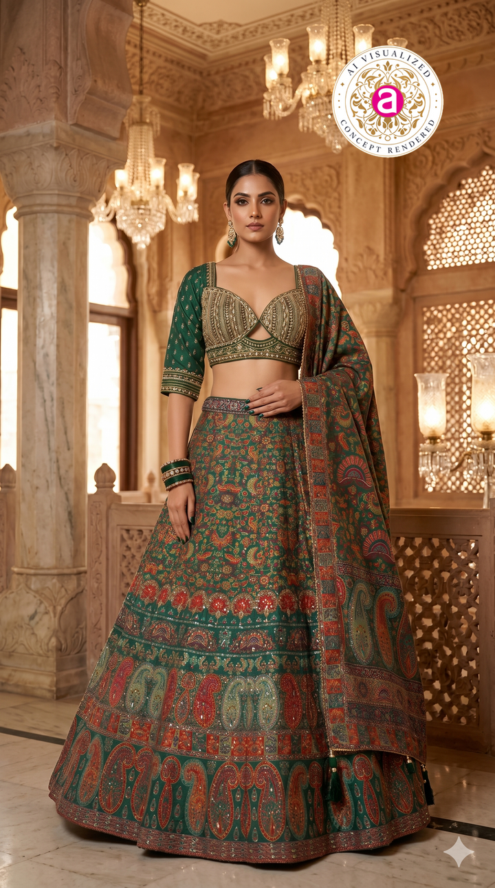 Emerald Green Paisley Printed Designer Lehenga Set with Embellished Blouse & Dupatta