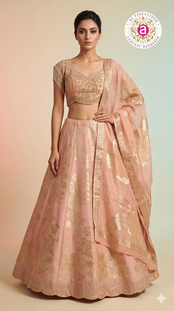Blush Pink Silk Lehenga Choli with Gold Floral Weaving & Sheer Dupatta