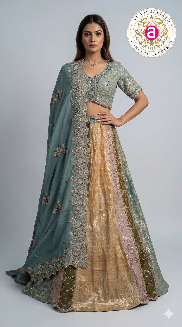 Teal Green & Antique Gold Banarasi Designer Lehenga Choli with Embroidered Dupatta