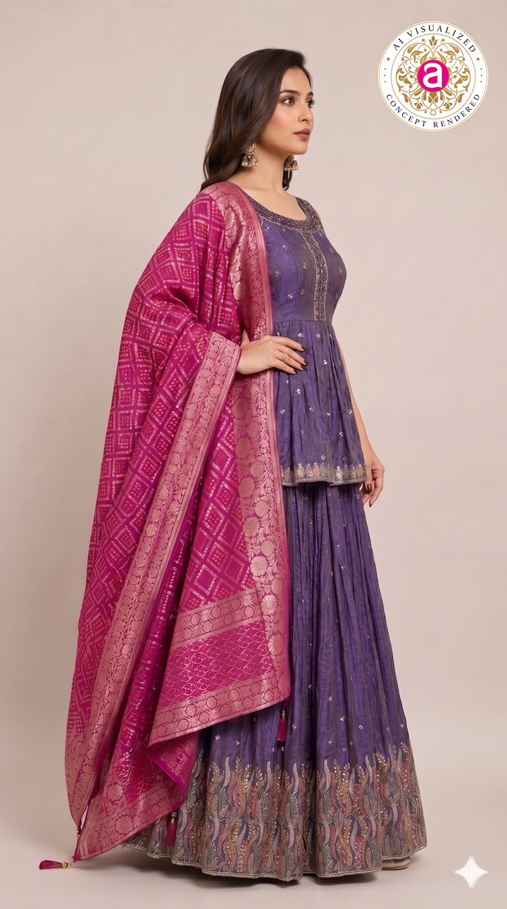 Purple Handwork Lehenga Skirt Set with Banarasi Dupatta