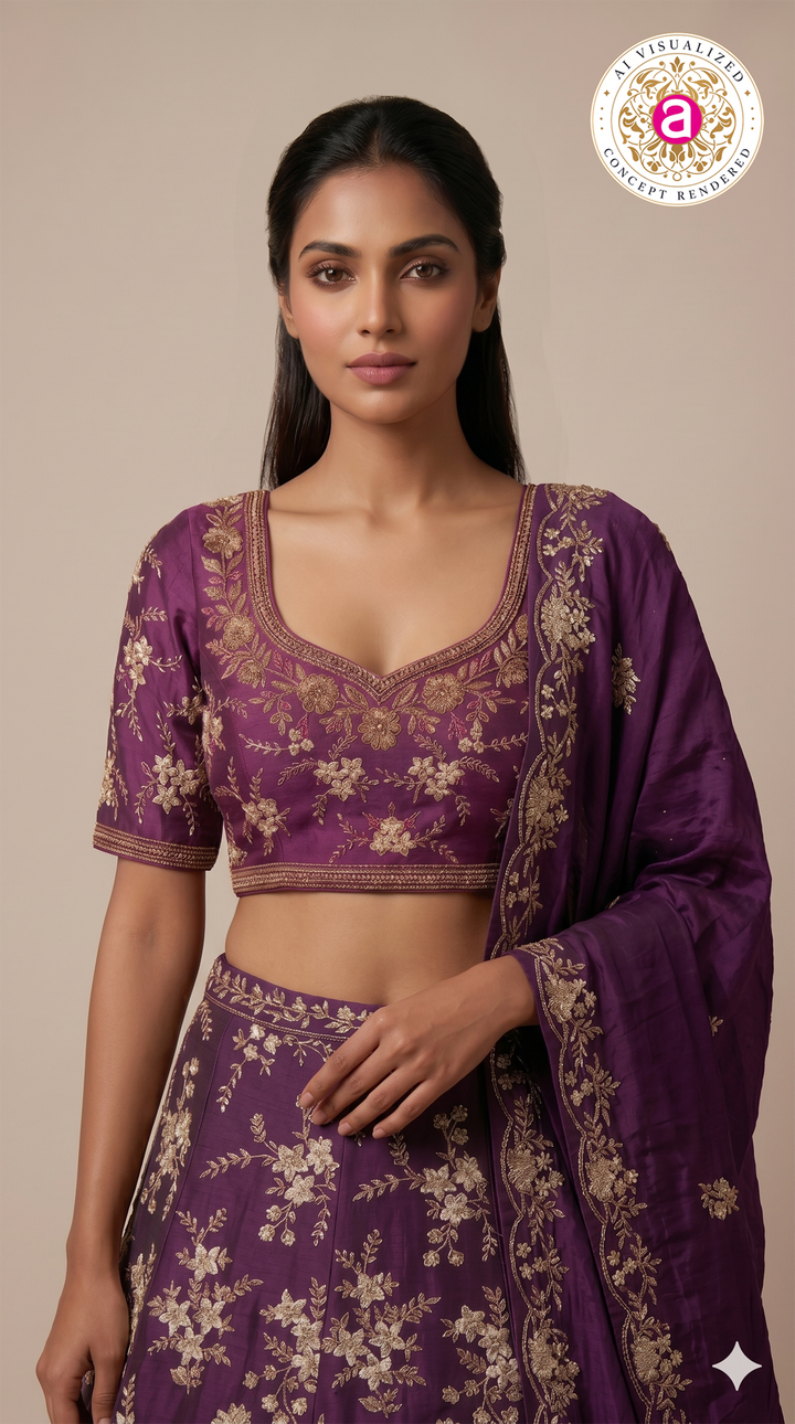 Royal Purple Embroidered Designer Lehenga Set with Floral & Bird Zari Work