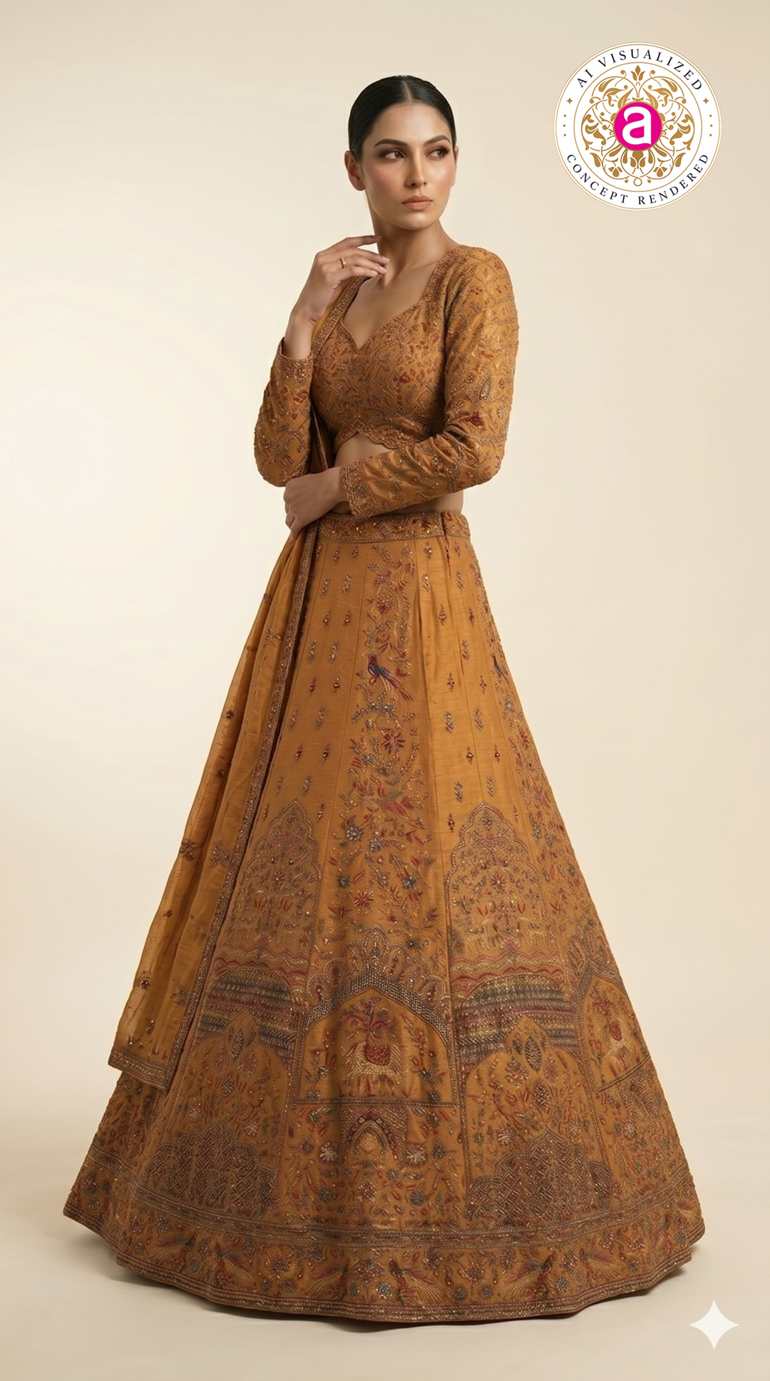 Mustard Yellow Embroidered Lehenga Set with Full Sleeve Designer Blouse & Dupatta