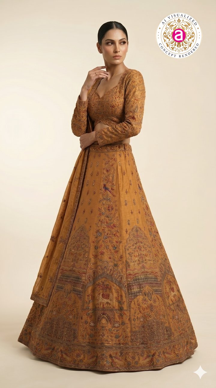 Mustard Yellow Embroidered Lehenga Set with Full Sleeve Designer Blouse & Dupatta
