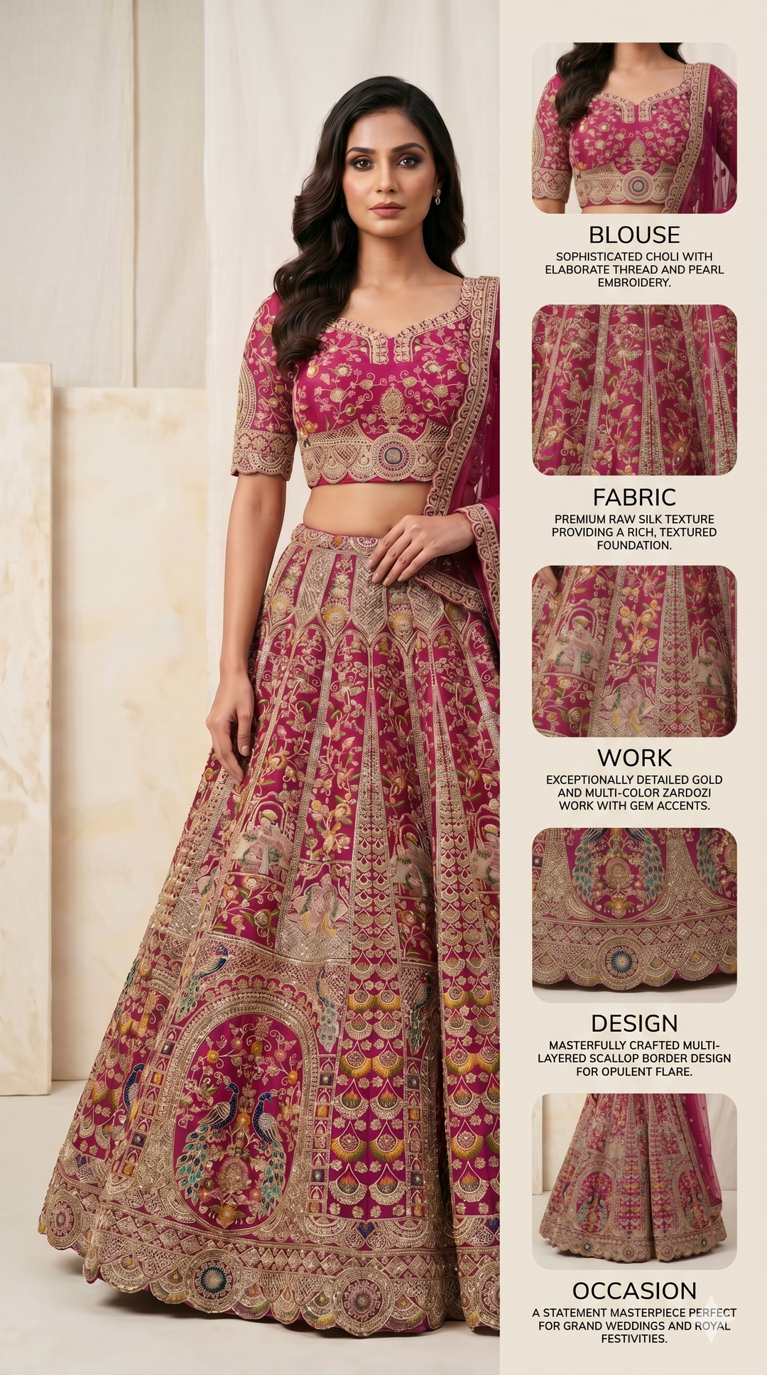 Royal Fuchsia Pink Bridal Lehenga Set with Peacock Motifs & Heritage Zari Embroidery