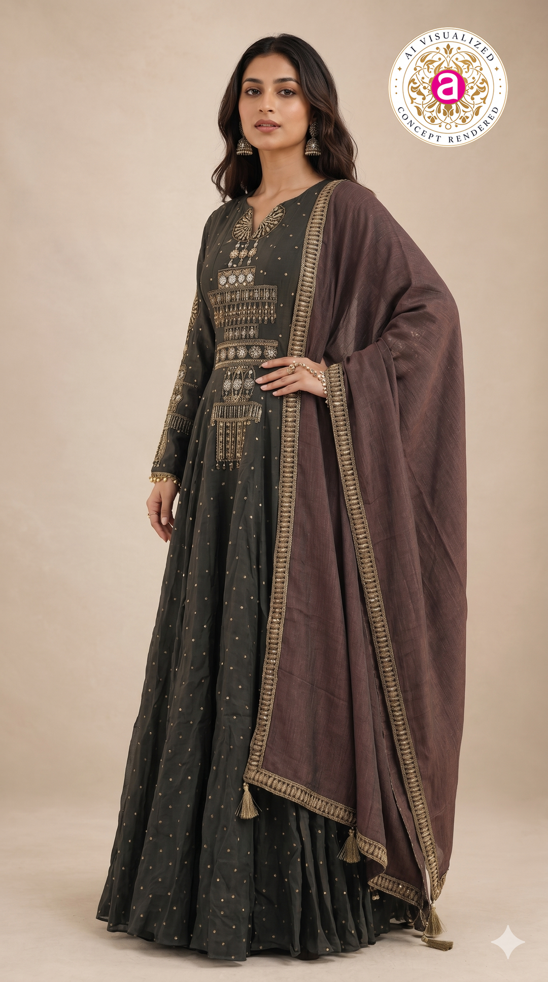 Charcoal Black Embellished Anarkali Set with Contrast Dupatta Charcoal Black Embellished Anarkali Set with Contrast Dupatta