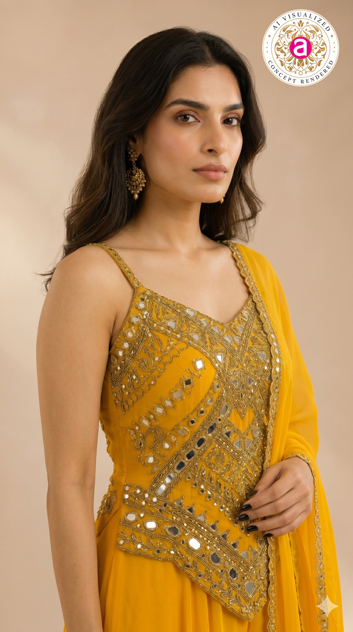 Mustard Yellow Mirror Work Palazzo Set with Draped Dupatta