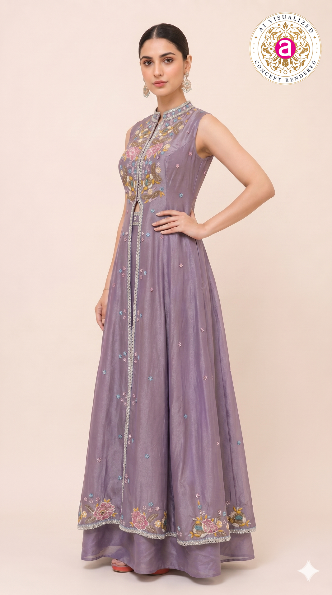 Lavender Embroidered Skirt Set with Jacket Style Anarkali