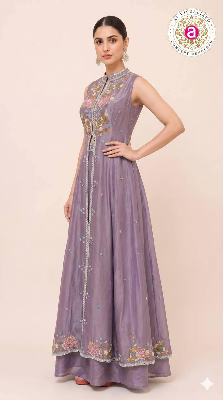 Lavender Embroidered Skirt Set with Jacket Style Anarkali