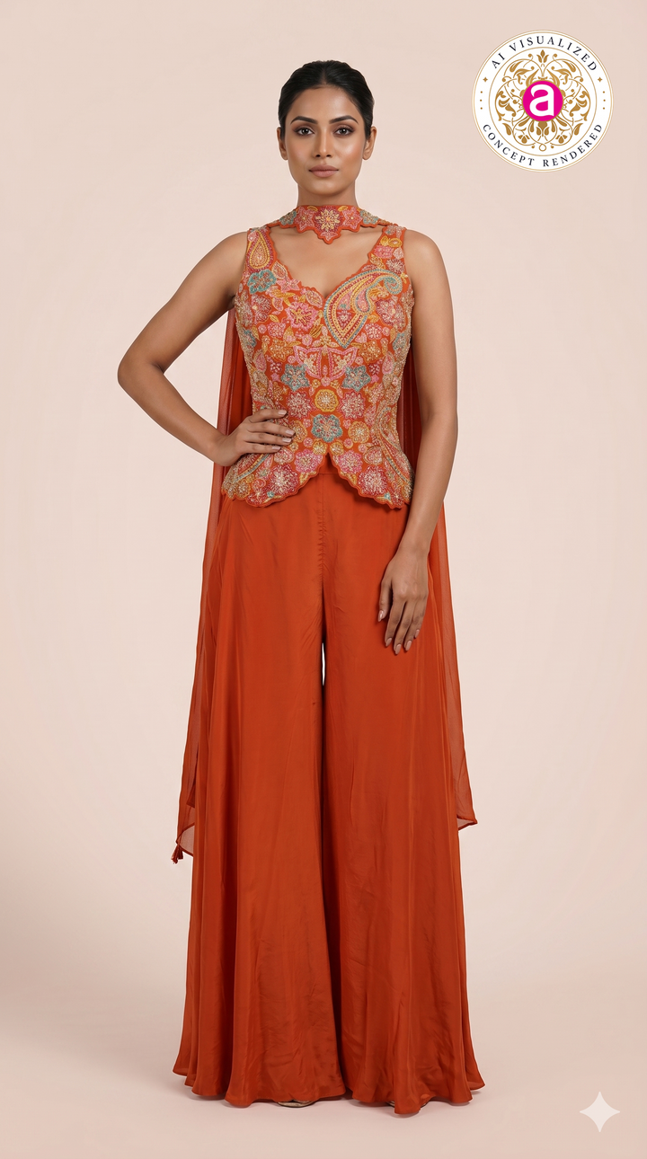 Burnt Orange Kashmiri Embroidered Palazzo Set with Designer Choker Neckline