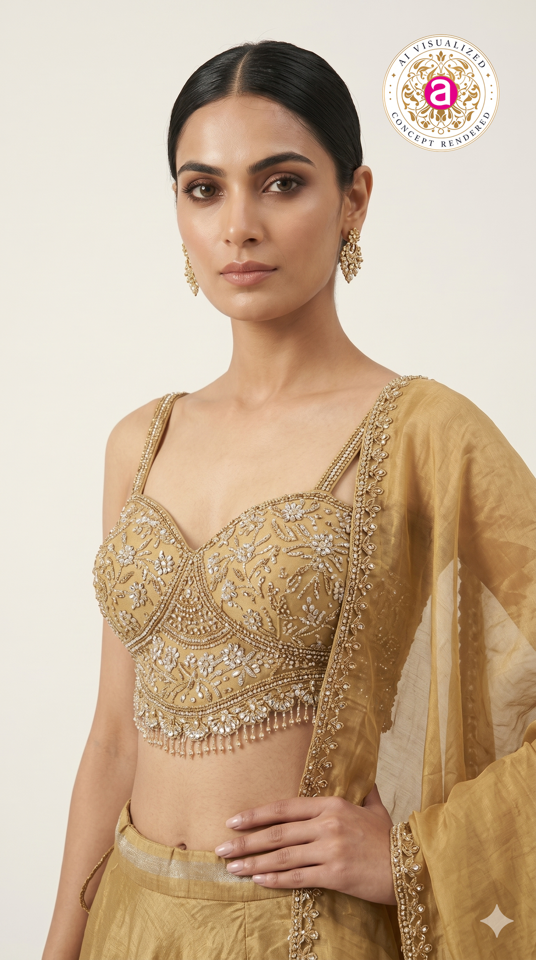 Golden Silk Lehenga Choli with Embellished Bustier & Sheer Dupatta