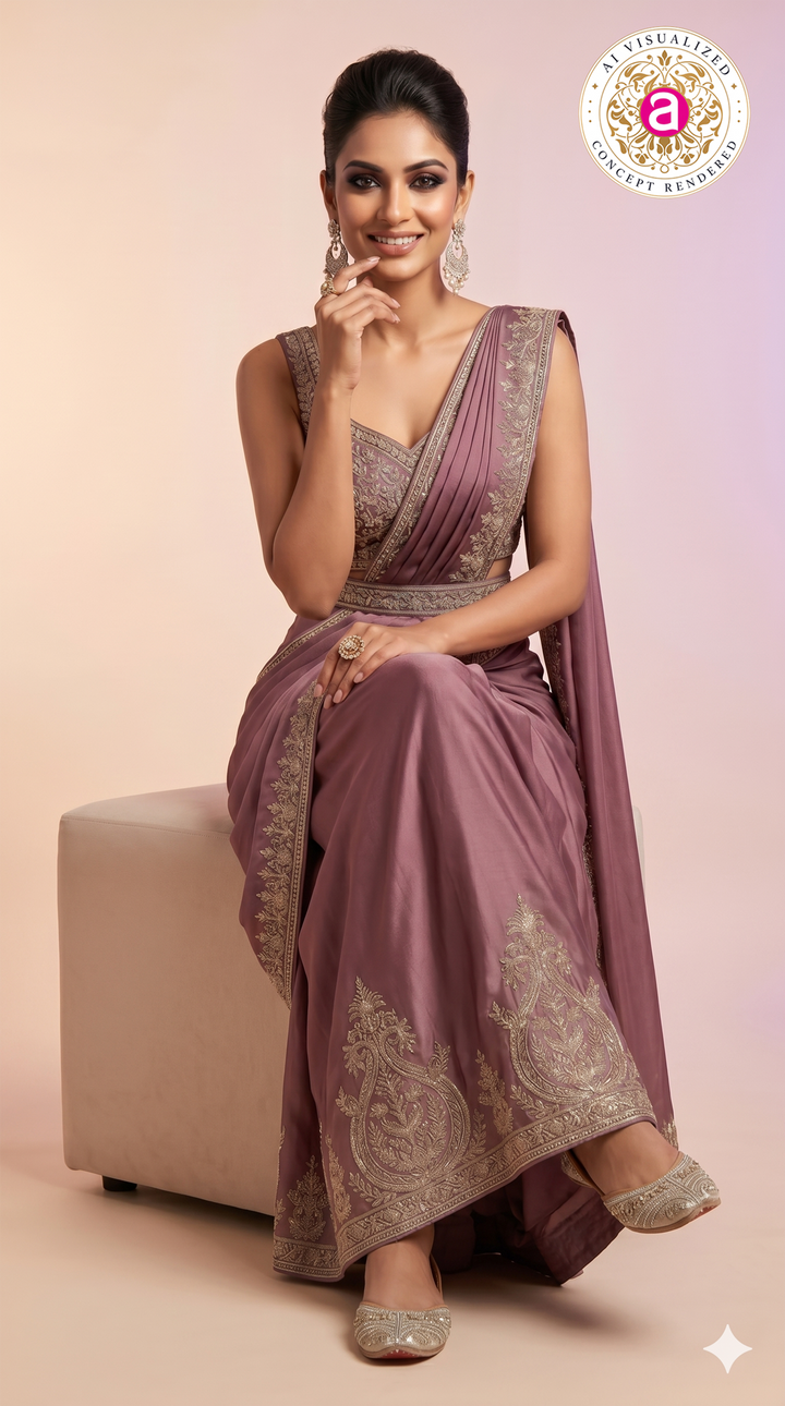 Mauve Purple Ready-to-Wear Saree with Embroidered Border & Designer Blouse
