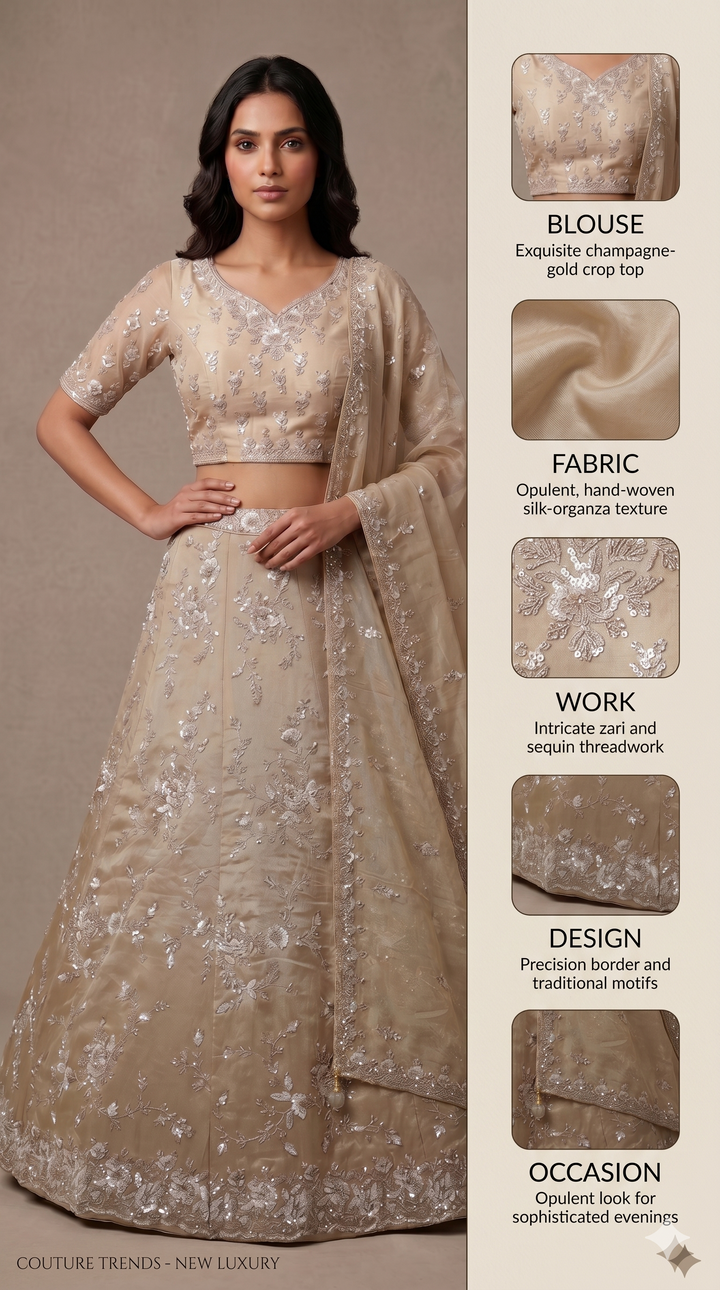 Champagne Beige Designer Embroidered Lehenga Set with Organza Dupatta