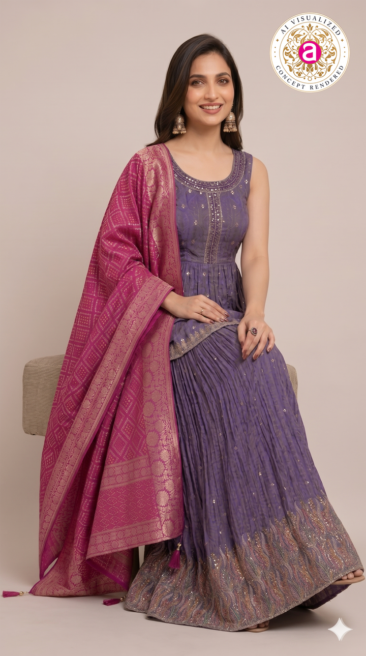 Purple Handwork Lehenga Skirt Set with Banarasi Dupatta