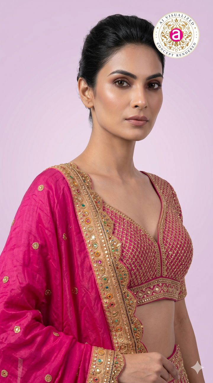 Rani Pink Embroidered Lehenga Choli with Zari Work & Dupatta