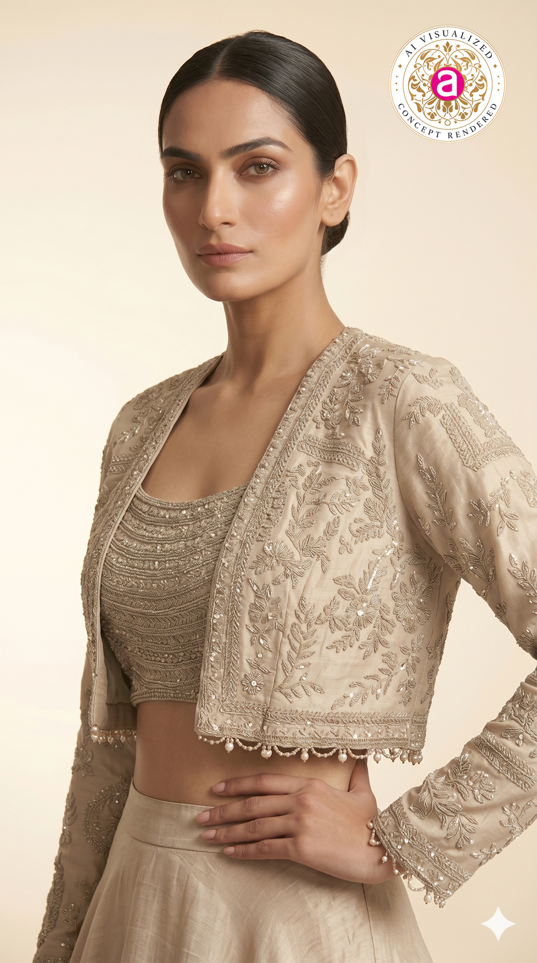 Champagne Beige Embroidered Lehenga Set with Jacket