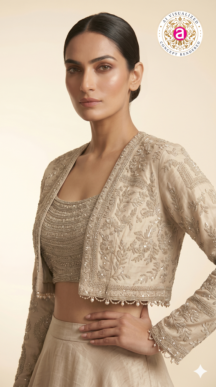 Champagne Beige Embroidered Lehenga Set with Jacket