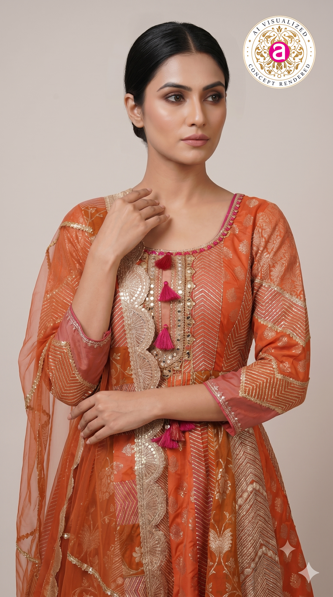 Vibrant Orange Banarasi Anarkali Suit Set with Sharara & Organza Dupatta