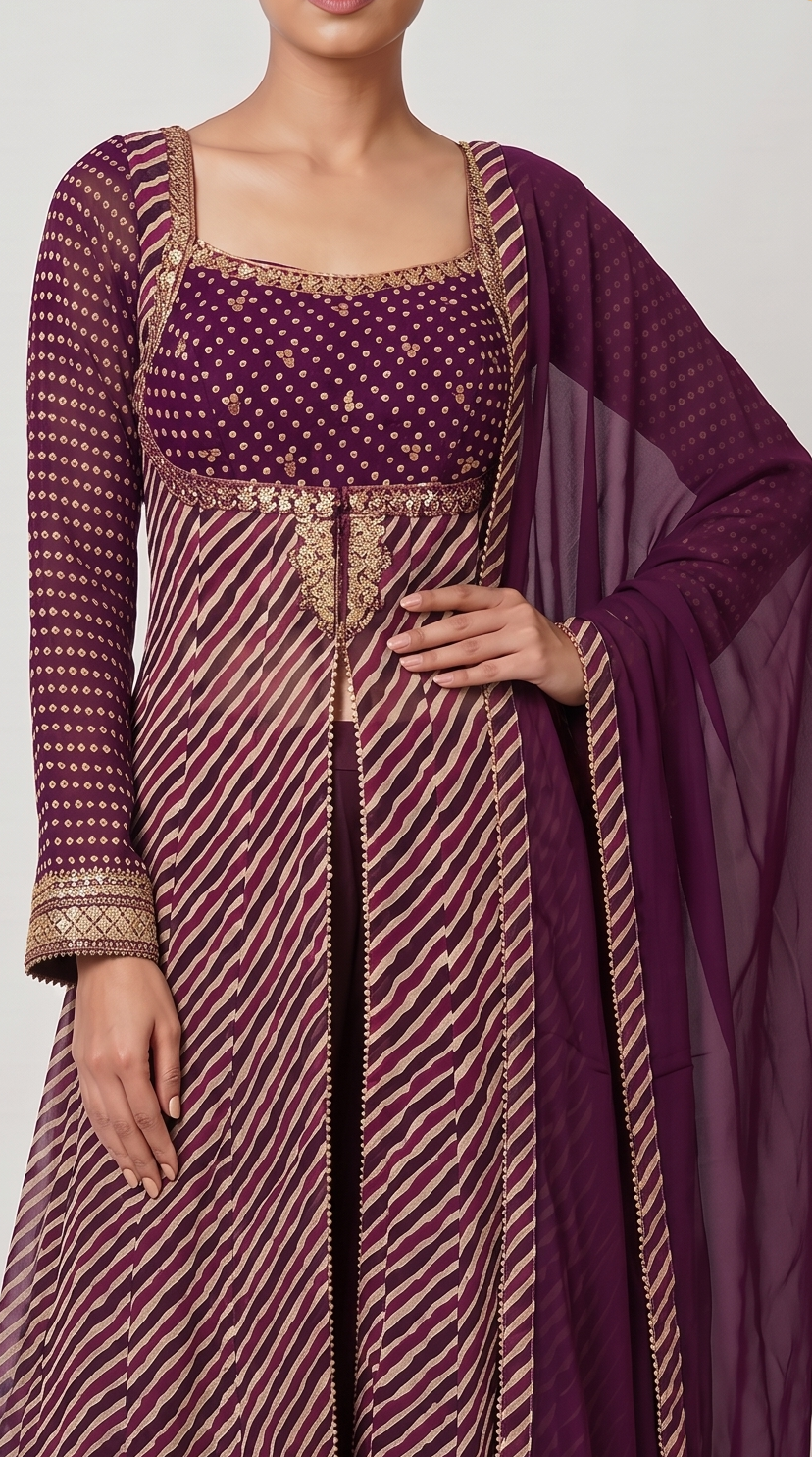 Royal Plum Leheriya Anarkali Kurta Set with Palazzo & Chiffon Dupatta