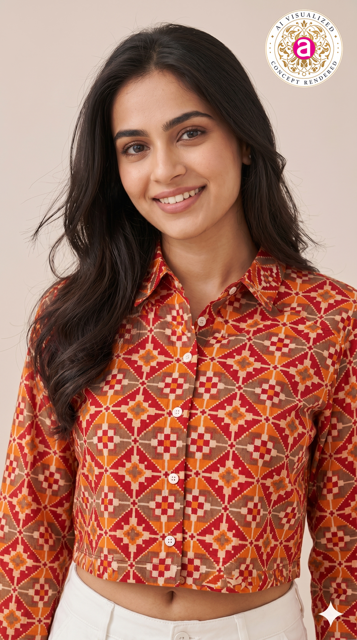 Rust Orange Ethnic Printed Crop Shirt Top