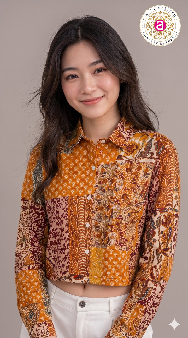 Mustard Patchwork Printed Crop Shirt Top