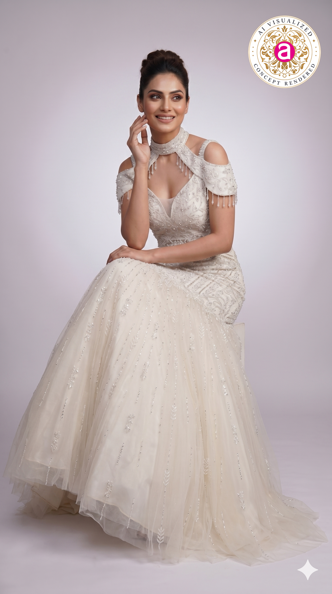 Ivory Pearl Embellished Mermaid Gown with Cold-Shoulder Cape Sleeves