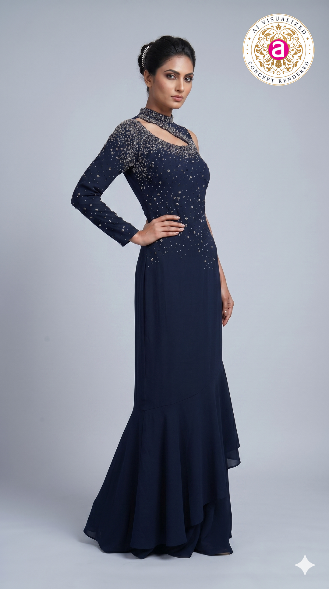 Midnight Navy Embellished One-Shoulder Designer Indo Western