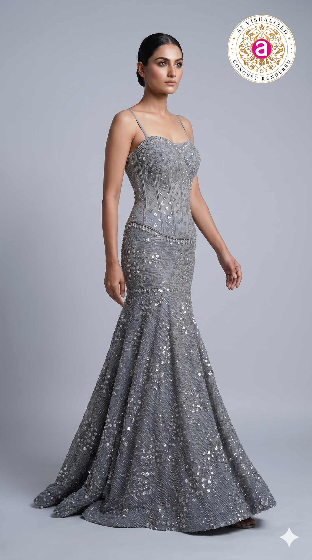 Steel Grey Crystal Embellished Mermaid Evening Gown