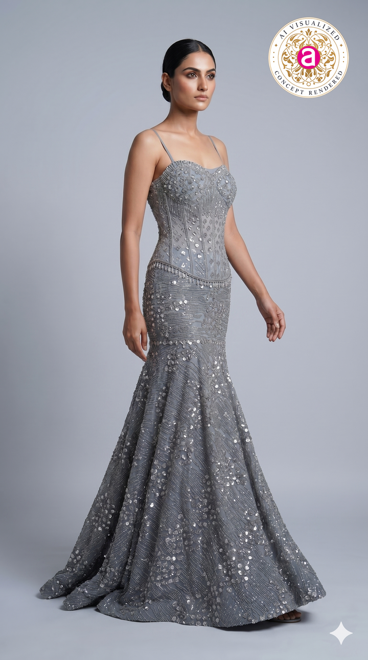 Steel Grey Crystal Embellished Mermaid Evening Gown