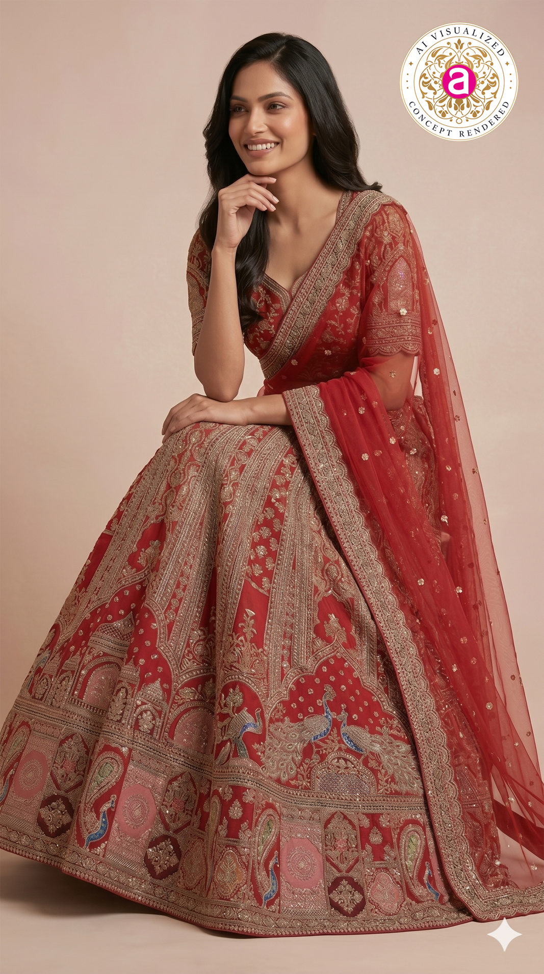 Royal Red Bridal Lehenga Set with Heritage Peacock Embroidery & Designer Net Dupatta