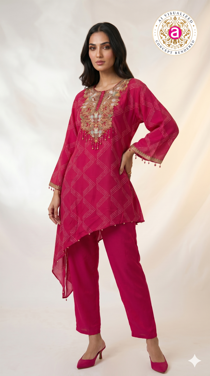 Rani Pink Embroidered Asymmetric Co-ord Set