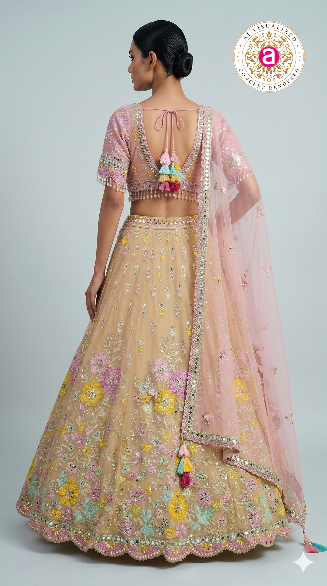 Pastel Beige Floral Embroidered Lehenga Choli with Pink Designer Blouse & Sheer Dupatta