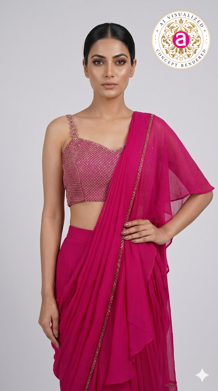 Hot Pink Ruffle Drape Designer Saree with Embellished Blouse