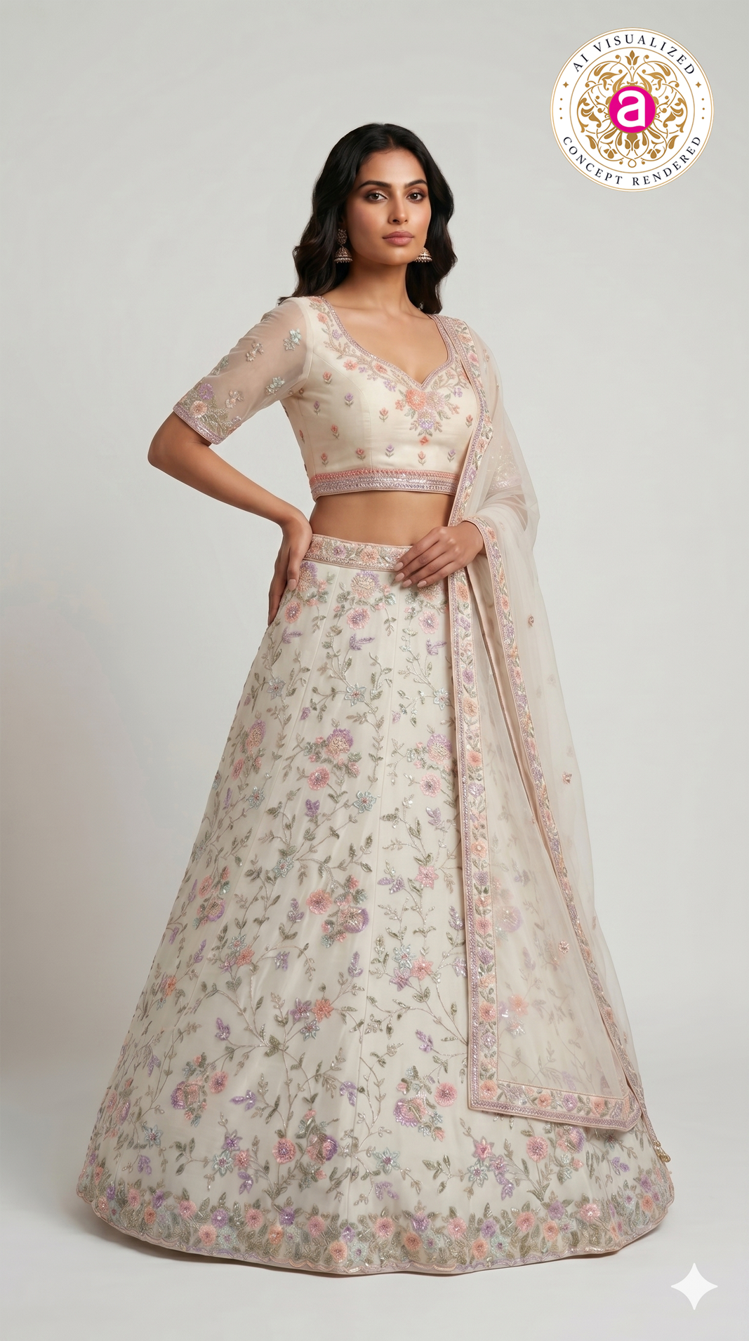 Ivory White Floral Embroidered Designer Lehenga Set with Organza Dupatta