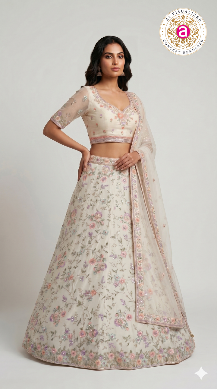 Ivory White Floral Embroidered Designer Lehenga Set with Organza Dupatta