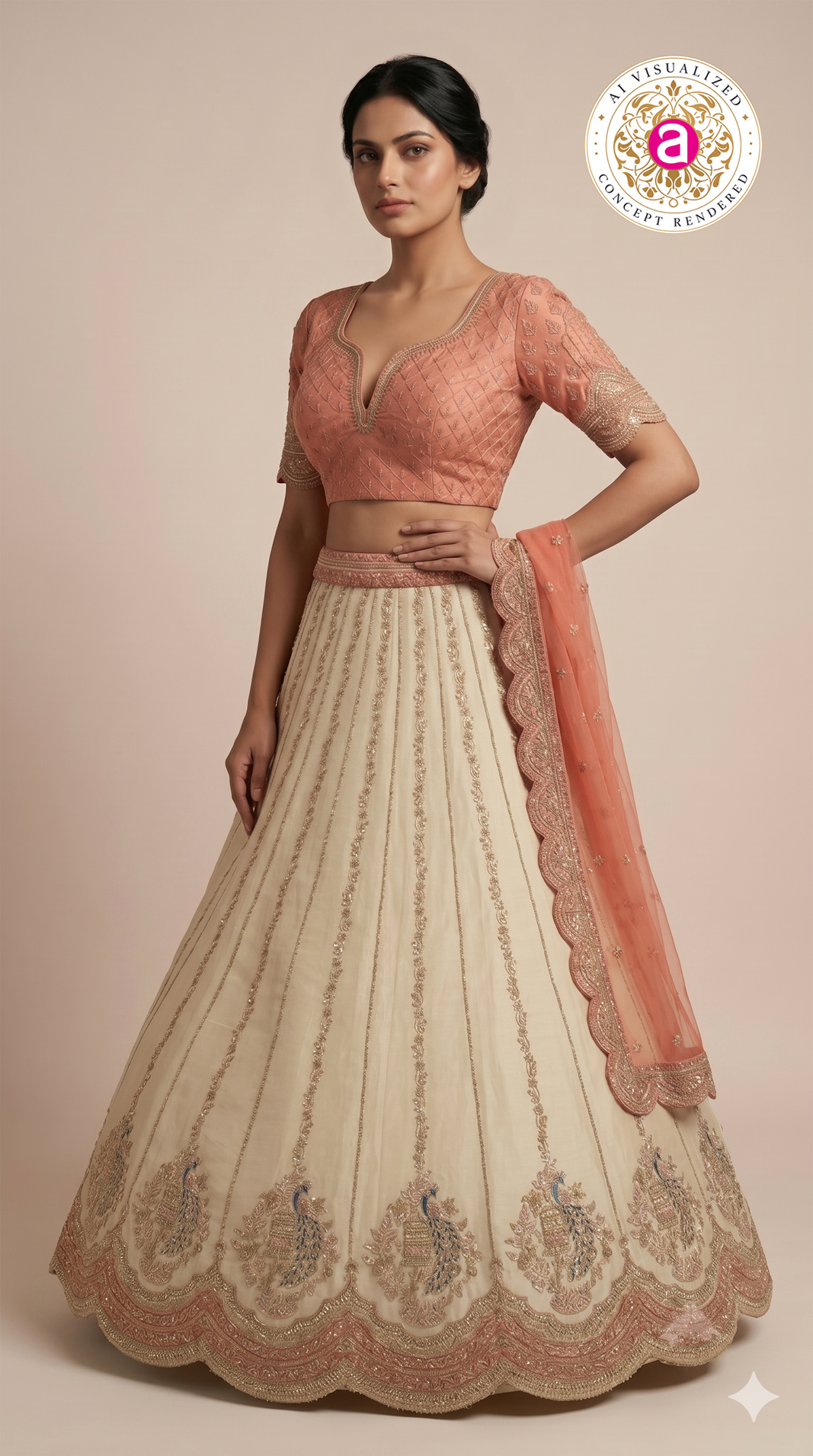 Ivory White & Blush Peach Designer Embroidered Lehenga Set with Organza Dupatta