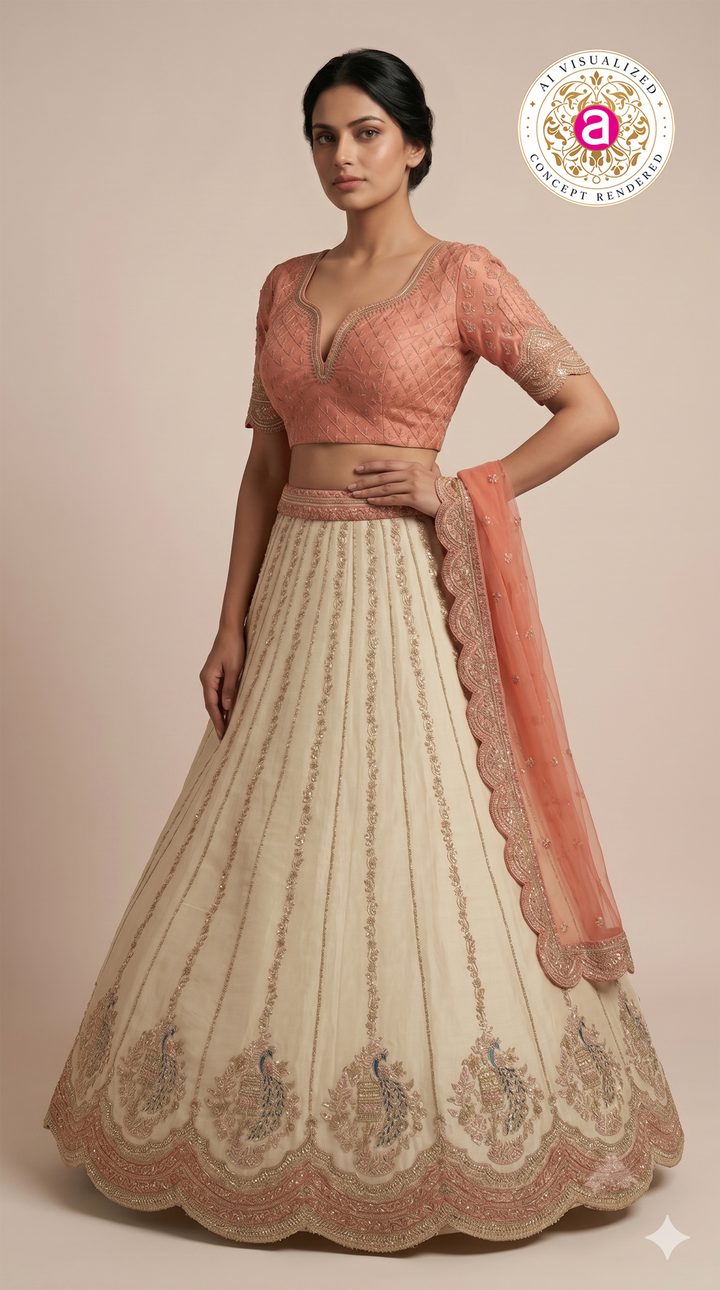 Ivory White & Blush Peach Designer Embroidered Lehenga Set with Organza Dupatta