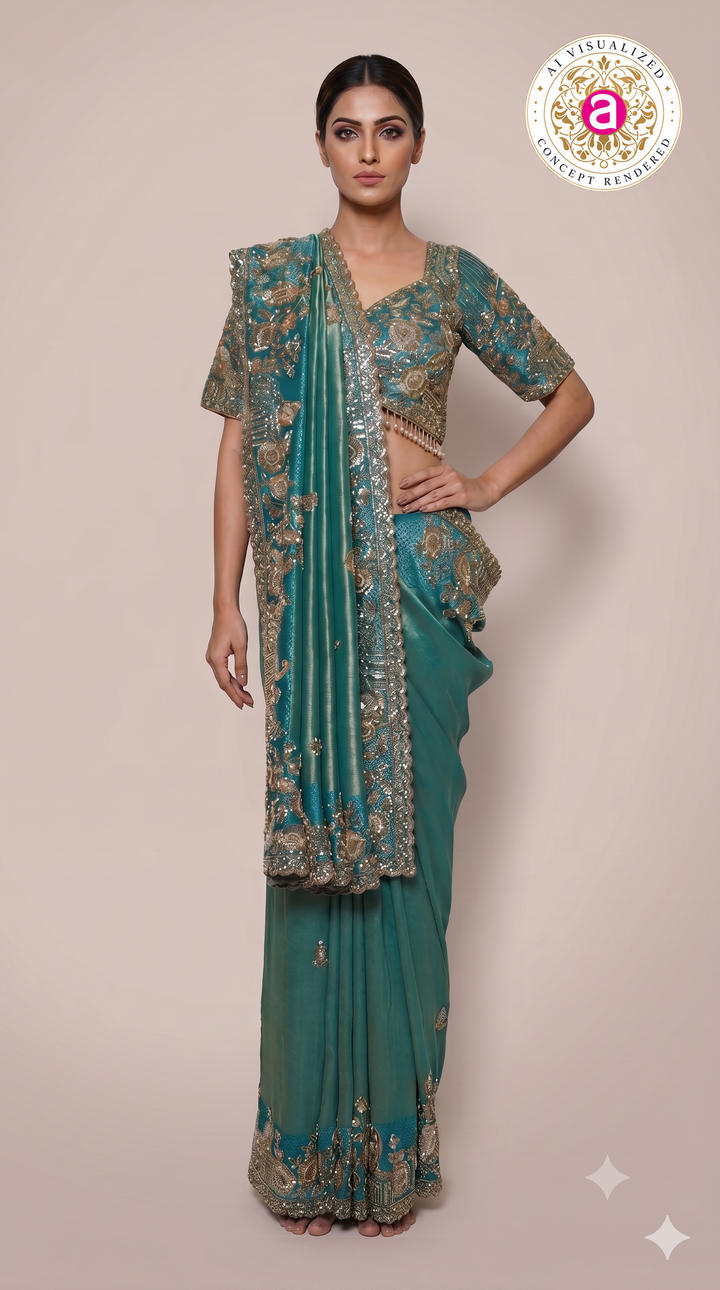 Teal Blue Designer Saree with Antique Gold Embroidered Blouse
