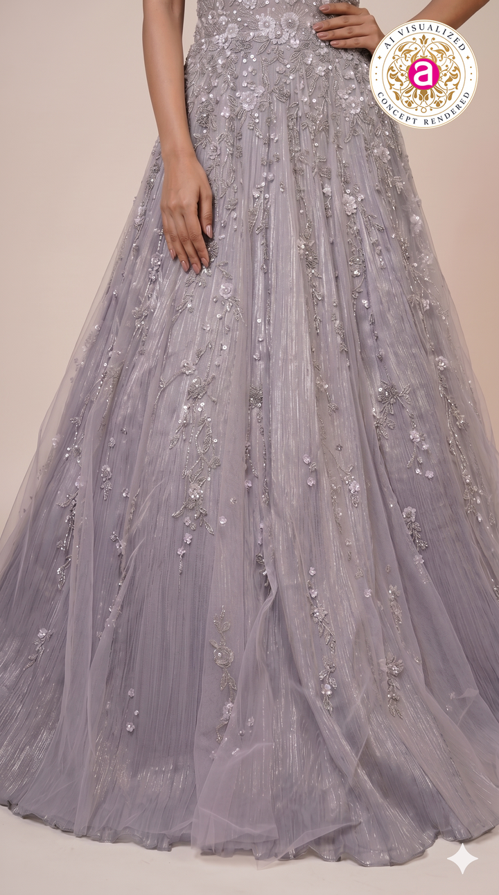 Lilac Silver Embroidered Princess Ball Gown with Crystal Shoulder Chains