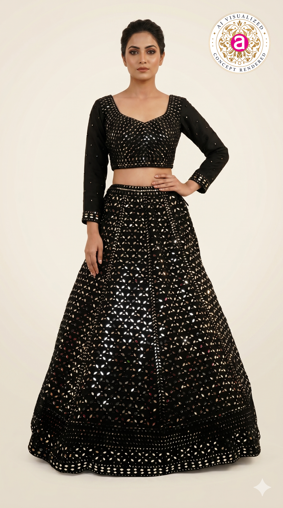 Midnight Black Mirror Work Lehenga Set with Full Sleeve Designer Blouse