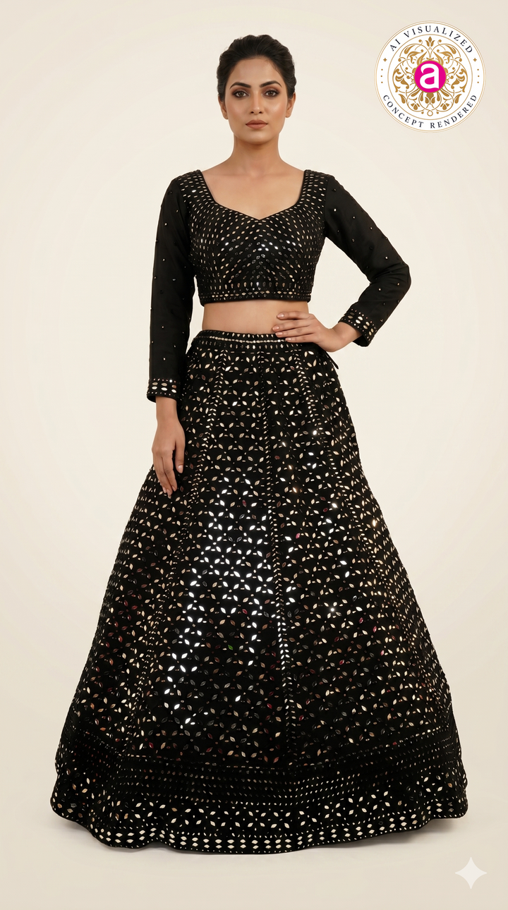 Midnight Black Mirror Work Lehenga Set with Full Sleeve Designer Blouse