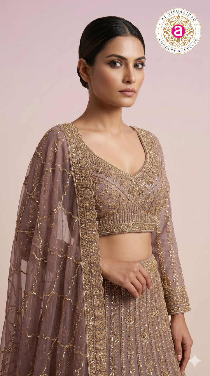 Mauve Gold Designer Lehenga Set with Intricate Zari Embroidery & Embellished Dupatta